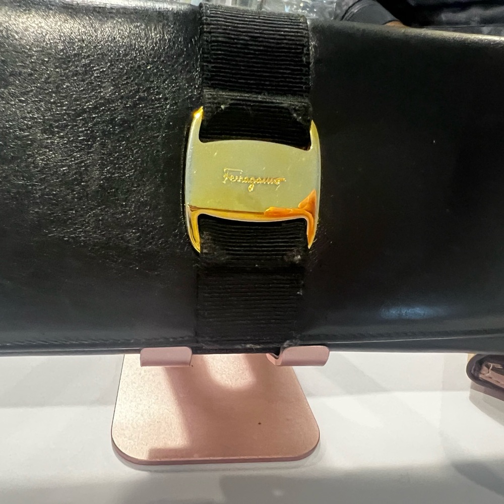 Ferragamo Black Leather Wallet with Gold Accent
